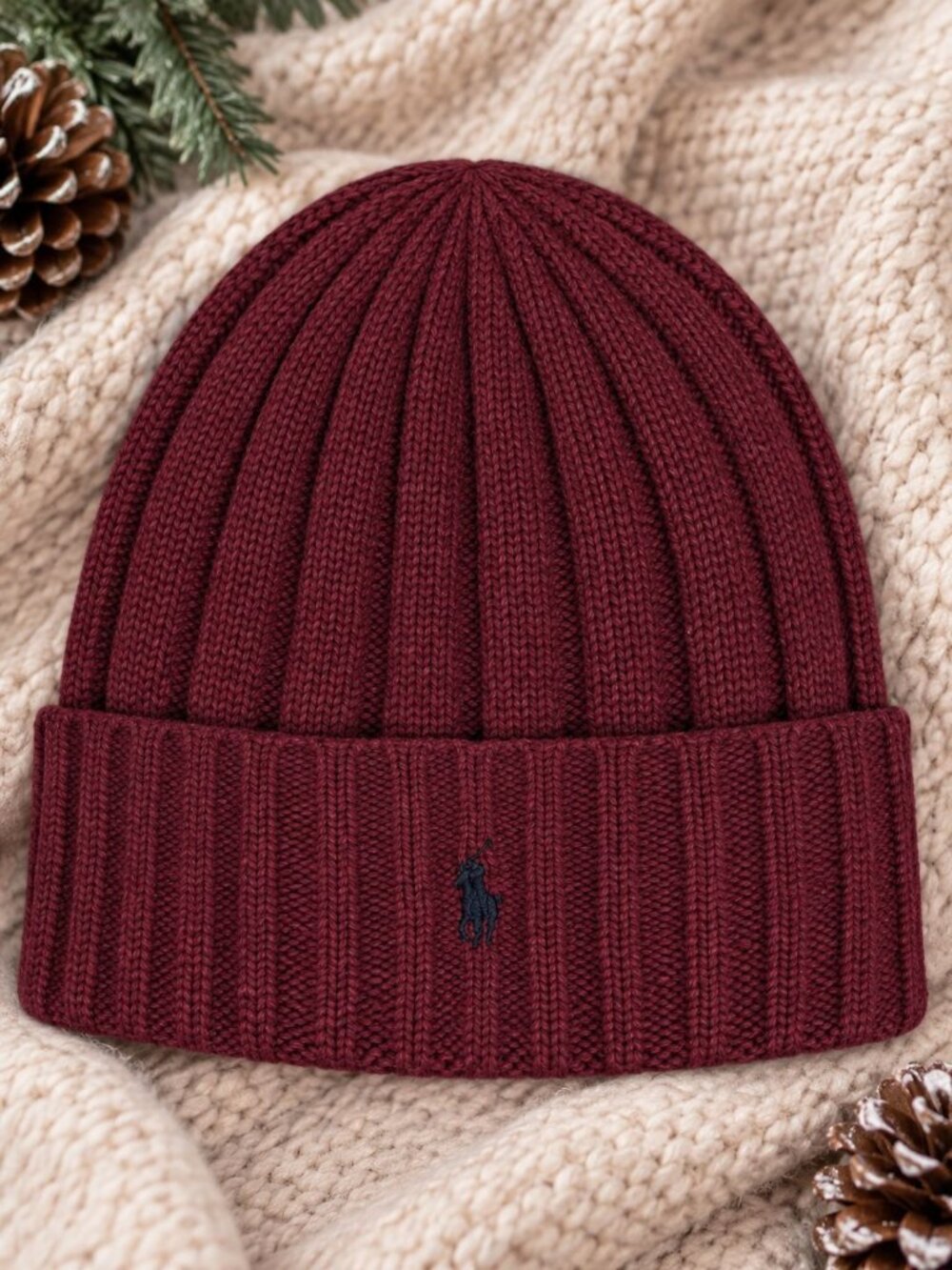 Polo Ralph Lauren Ribbed Knit Beanie Hat BURGUNDY RED w Pony Logo Winter Cap NWT